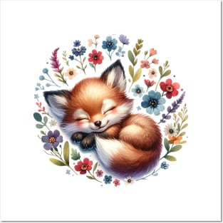 Baby Fox and Flowers Posters and Art